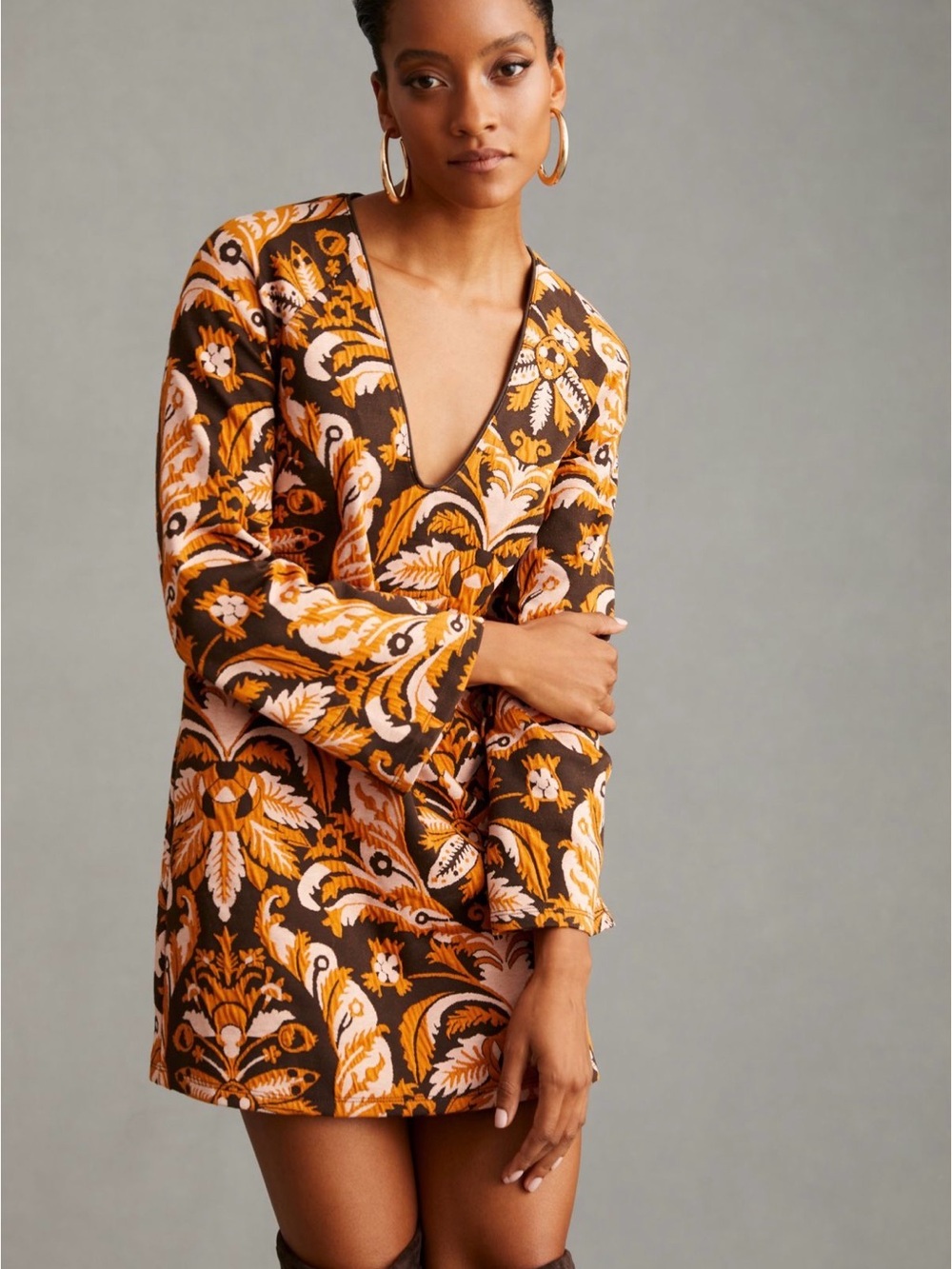 Anthropologie Orange Maeve Bell Sleeve Jacquard Knit Mini Dress size Medium